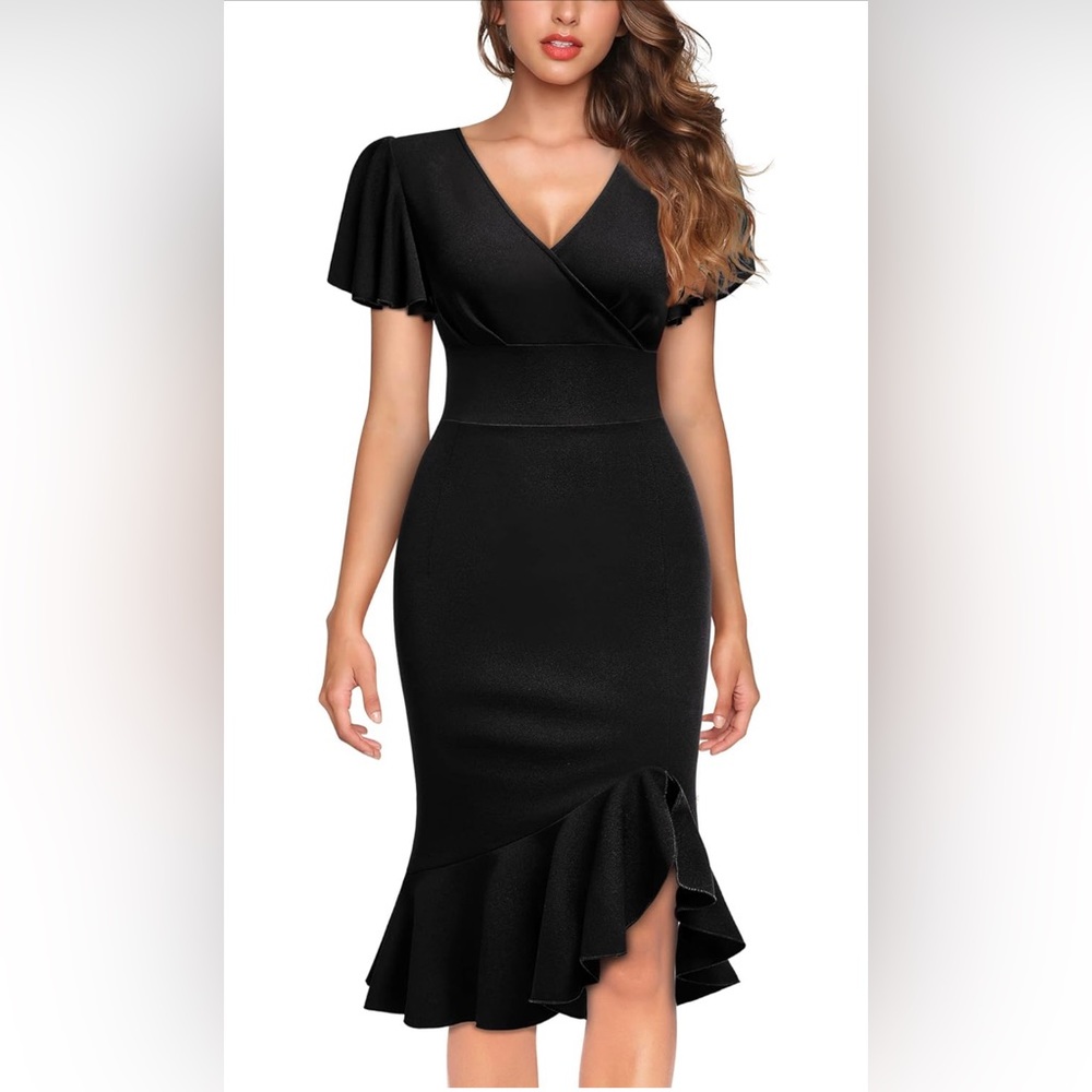 Knitee Women's Retro V Neck Ruffle Sleeves Evening sexy party Dress XL